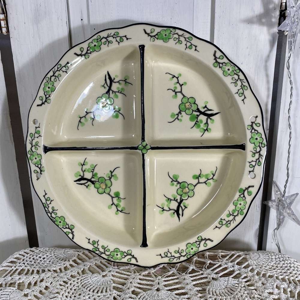 Antique Moriyama Green Cherry Blossom 4 Divider Dish Hand Painted Japan 1920-30s